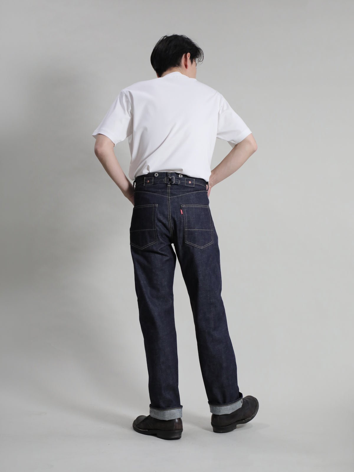 B-1969-XX-RR2011-004 Rigid Cinch buckle Jeans made with Selvedge denim from Okayama