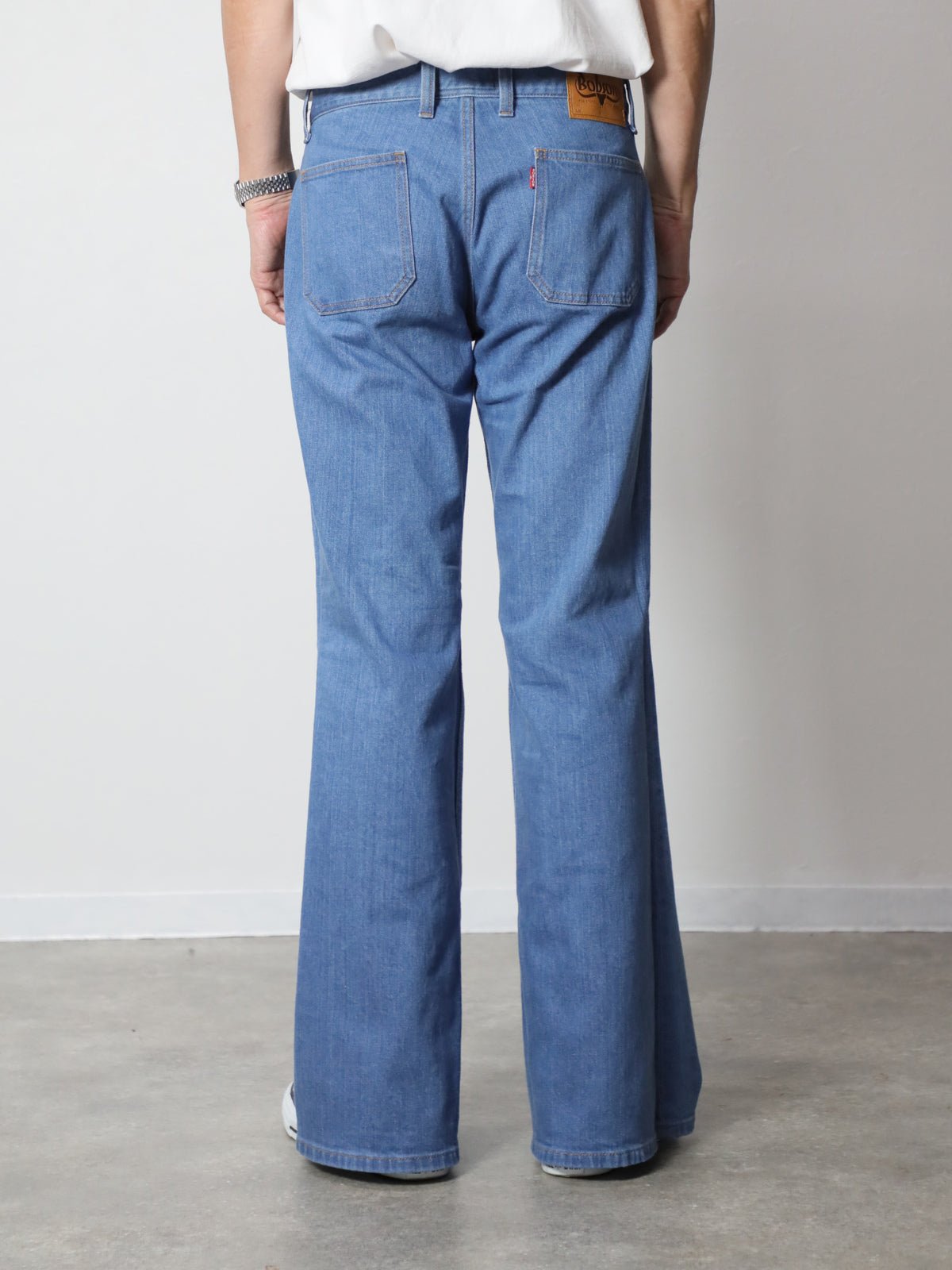 12.5oz Patch Pocket Bell Bottom Jeans 1970s Revival Model Retro Bleached Color/Unisex