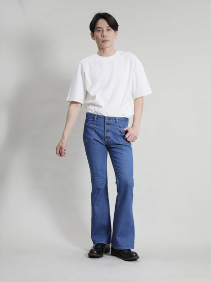 12.5oz Patch Pocket Bell Bottom Jeans 1970s Revival Model Retro Bleached Color/Unisex