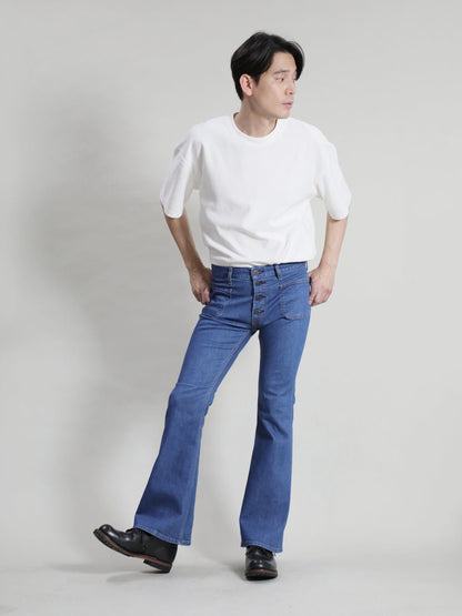 12.5oz Patch Pocket Bell Bottom Jeans 1970s Revival Model Retro Bleached Color/Unisex