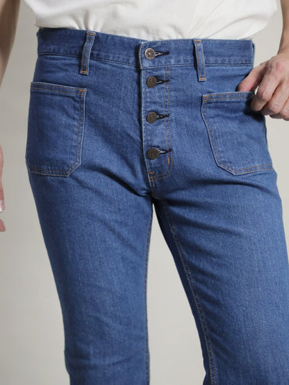 12.5oz Patch Pocket Bell Bottom Jeans 1970s Revival Model Retro Bleached Color/Unisex