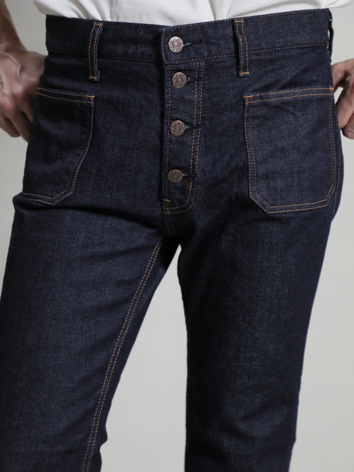 12.5oz Patch Pocket Bell Bottom Jeans 1970s Revival Model One Wash Color/Unisex