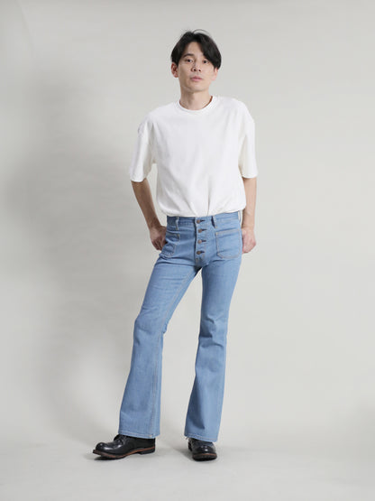 Patch Pocket Bell Bottom Jeans 1970s Revival Model Retro light Bleached Color/Unisex