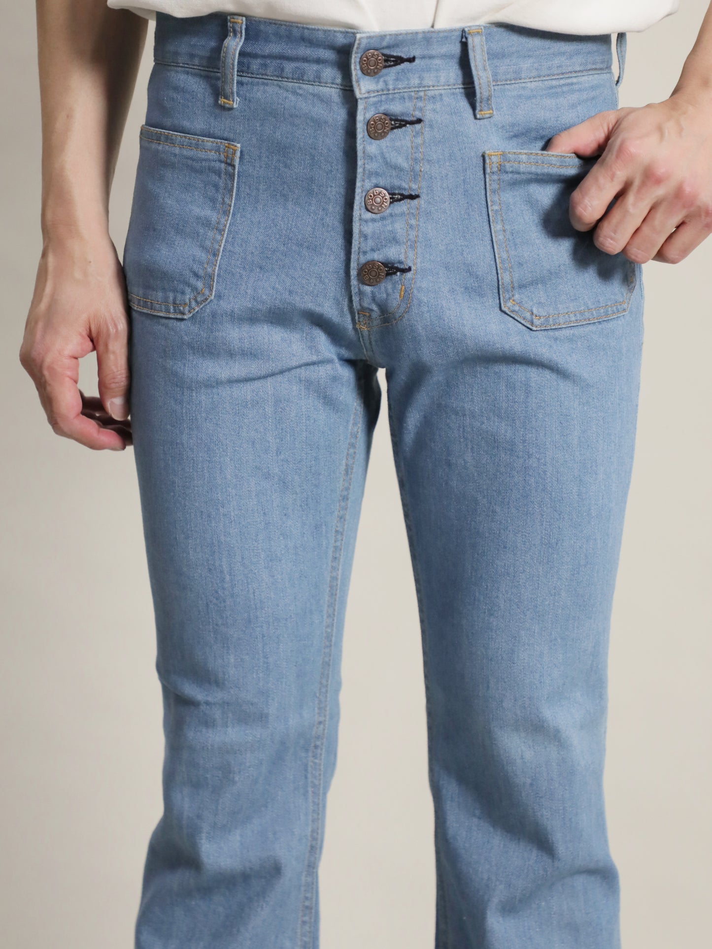 Patch Pocket Bell Bottom Jeans 1970s Revival Model Retro light Bleached Color/Unisex