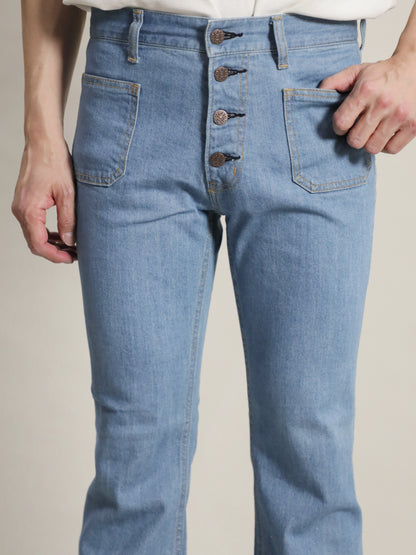 Patch Pocket Bell Bottom Jeans 1970s Revival Model Retro light Bleached Color/Unisex