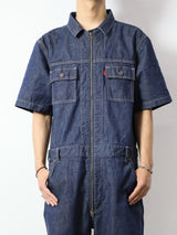 Men's One-Wash Military Denim All-in-One Short-Sleeve Overalls.