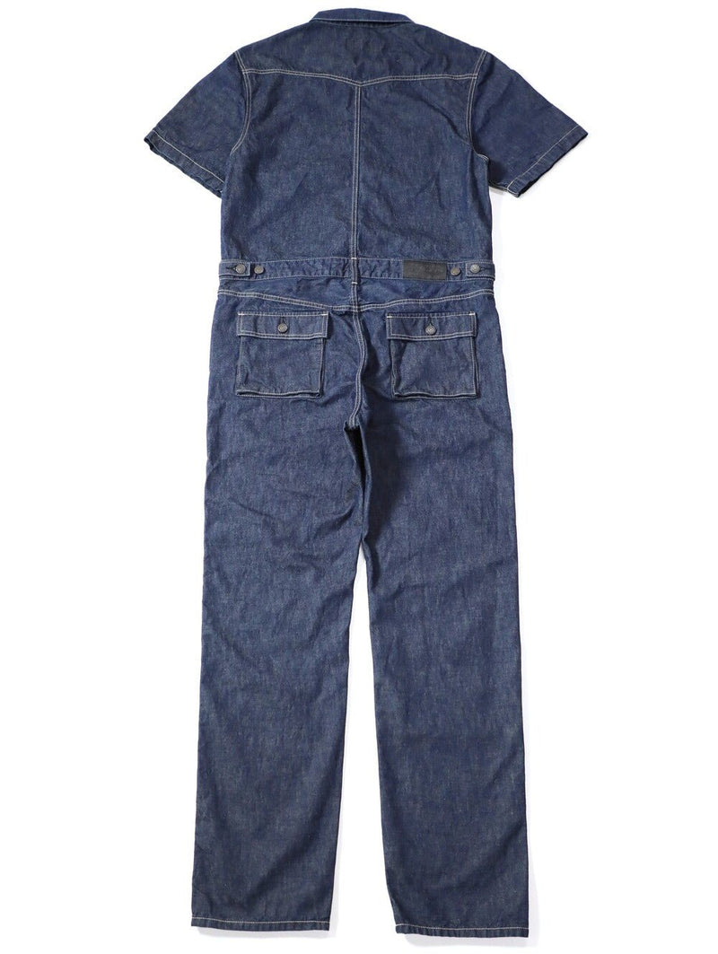 Men's One-Wash Military Denim All-in-One Short-Sleeve Overalls.