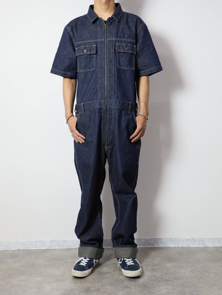 Men's One-Wash Military Denim All-in-One Short-Sleeve Overalls 