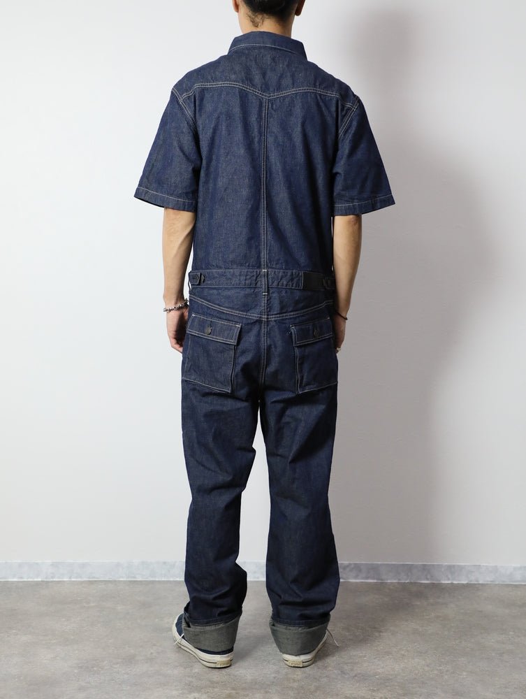 Men's One-Wash Military Denim All-in-One Short-Sleeve Overalls.