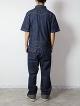 Men's One-Wash Military Denim All-in-One Short-Sleeve Overalls.