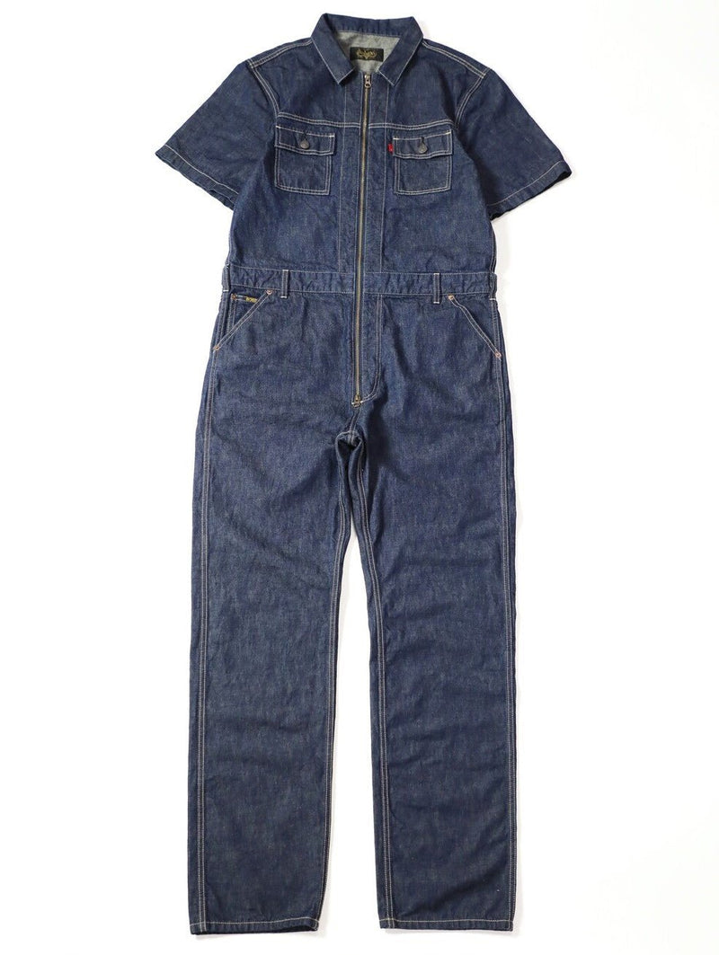 Men's One-Wash Military Denim All-in-One Short-Sleeve Overalls.